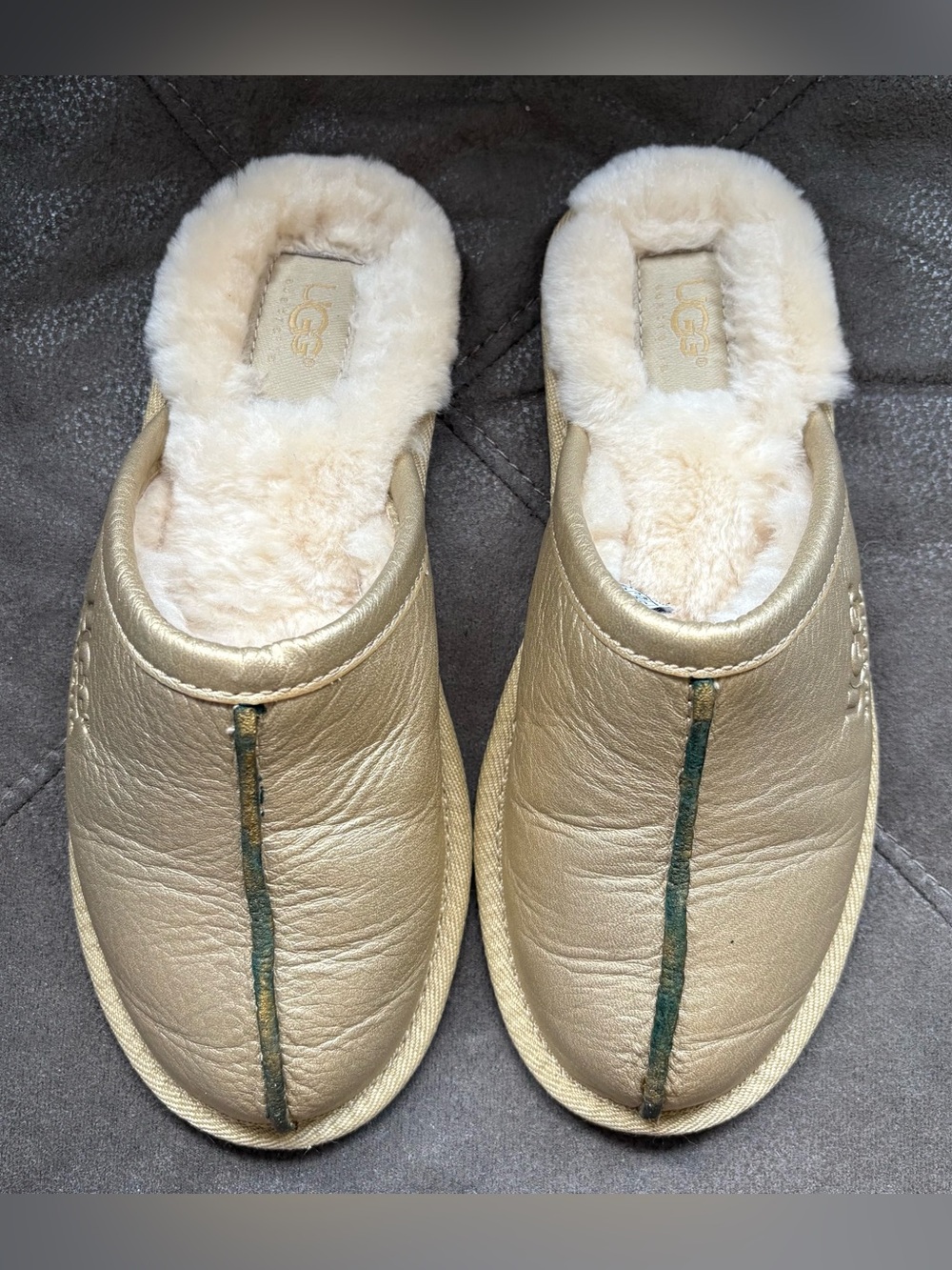 UGG Metallic Gold Leather Sheepskin Fur Clog Slippers Soft Warm 6 Slip On Shoes
